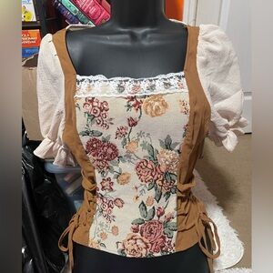 Brown/tan floral corset styled cottage top